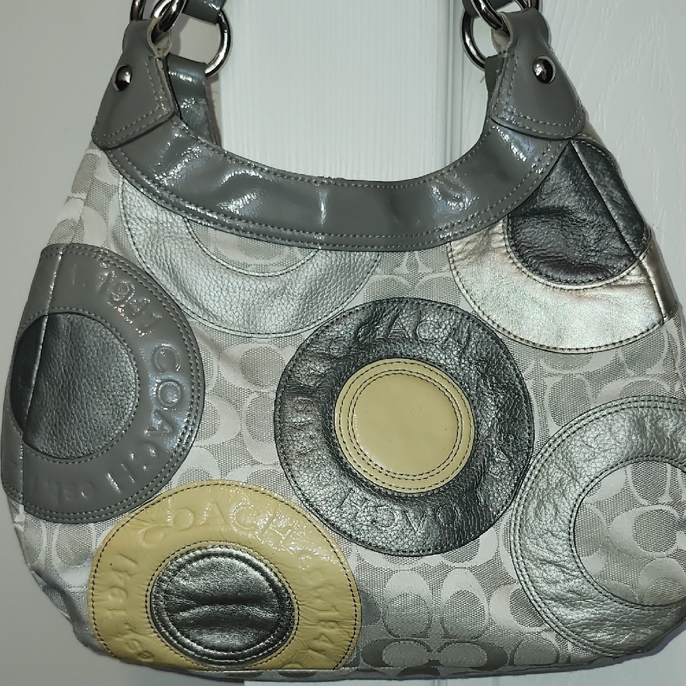 Coach Shoulder Bag Gray Monogram With Leather Circles Hobo - Picture 6 of 16
